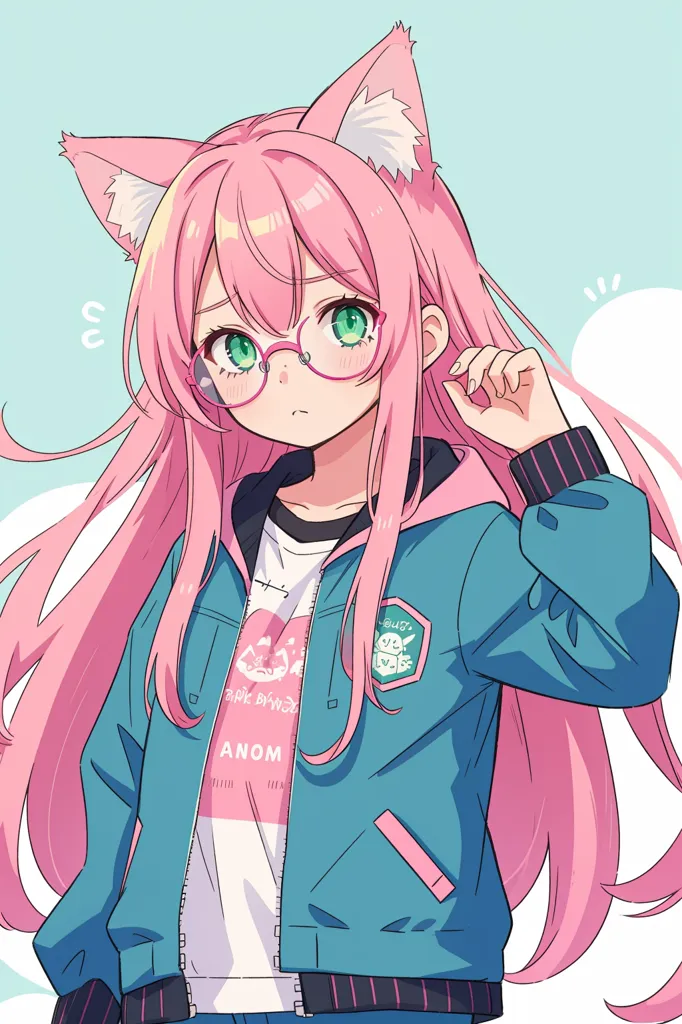 The image shows an anime-style girl with pink hair and green eyes. She is wearing a blue jacket, a white shirt, and has cat ears. She is looking at the viewer with a curious expression on her face and has one hand on her glasses.