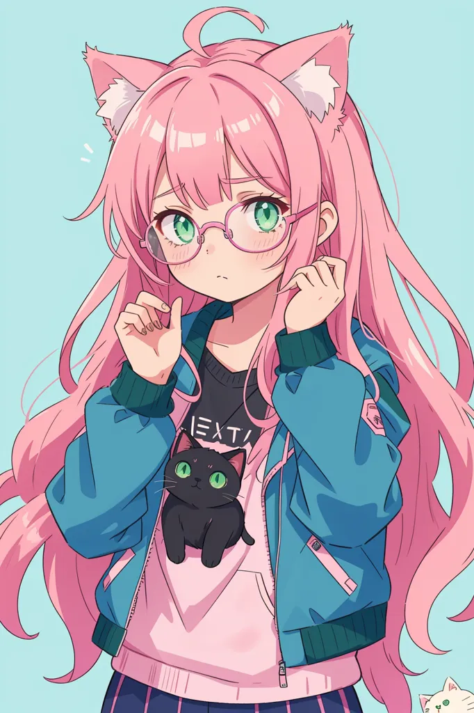 The image is of an anime-style girl with pink hair and green eyes. She is wearing a blue jacket, a pink shirt, and glasses. She has cat ears and a cat is on her shirt. The background is a light blue color.