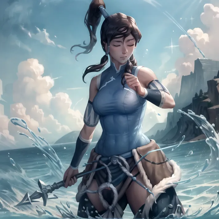 The image shows a young woman standing in a body of water. She is wearing a blue sleeveless shirt and brown pants. She has her hair in a ponytail and is looking to the left of the frame. There are waves crashing around her and she is holding a spear in her right hand. In the background, there is a large rock formation. The image is likely depicting a scene from the popular cartoon *Avatar: The Last Airbender*. The woman is likely the character Korra, who is the Avatar, the master of all four elements.