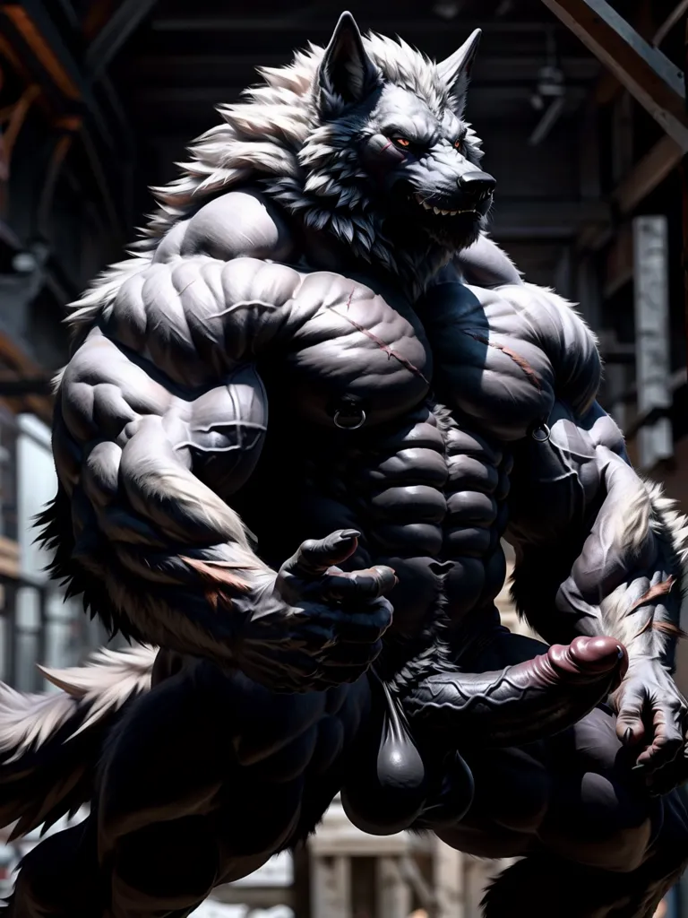 The image is of a muscular anthropomorphic wolf standing in a dark room. The wolf is gray and white, with a large, muscular build and a long, bushy tail. It is wearing a pair of black pants and a black collar with a metal tag. The wolf has its arms crossed in front of its chest and is looking at the viewer with a fierce expression. The background of the image is a dark, industrial setting, with large metal pipes and girders visible.