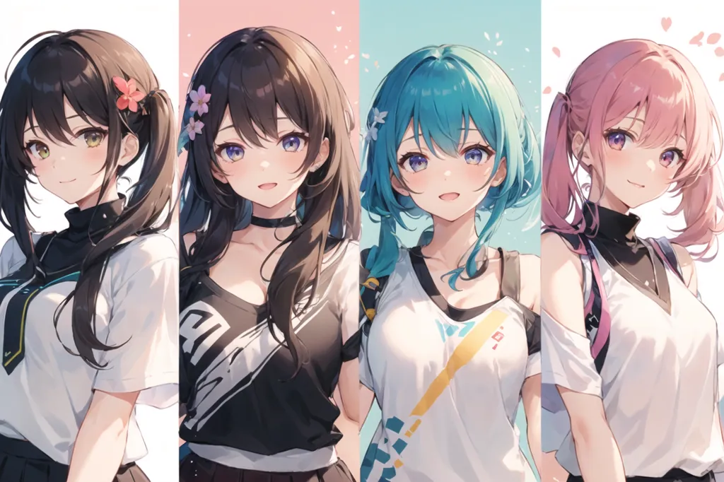 The image shows four anime girls with different colored hair. The girl on the left has brown hair, the girl in the middle has black hair, the girl on the right has blue hair, and the girl on the far right has pink hair. They are all wearing white shirts and black skirts. The girl on the left is holding a flower, the girl in the middle is holding a book, the girl on the right is holding a lollipop, and the girl on the far right is holding a stuffed animal. They are all smiling and look happy. The background is white.