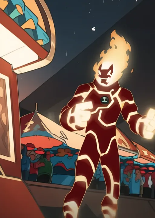 The picture shows a superhero. He is on a street, probably in a funfair, surrounded by people. He is wearing a red and black suit and has fire coming out of his hands and head. He is looking at something or someone.