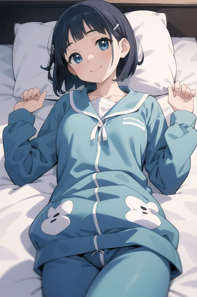 The image is of a young girl in her pajamas. She has short dark hair and blue eyes. She is lying on a bed, smiling. She is wearing a blue pajama top with white trim and blue pajama pants with white bunny rabbits on them. The girl is resting her head on a pillow.