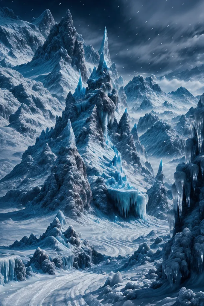 The image is a winter landscape with snow-capped mountains. The mountains are very tall and steep, and they are covered in snow and ice. The sky is dark and cloudy, and there is a snowstorm in the distance. The image is very cold and desolate, and it looks like a dangerous place to be.