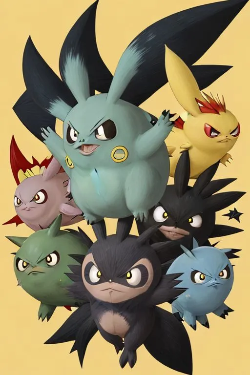 The image shows seven Pokémon characters. They are all different colors and shapes. The Pokémon in the middle is the largest and has a blue body. It has a large mouth and sharp teeth. The Pokémon on the left and right of the middle Pokémon are smaller and have green and yellow bodies. They also have sharp teeth. The Pokémon in the bottom left corner is small and has a black body. It has a long tail and sharp claws. The Pokémon in the bottom right corner is also small and has a blue body. It has a long tongue and sharp