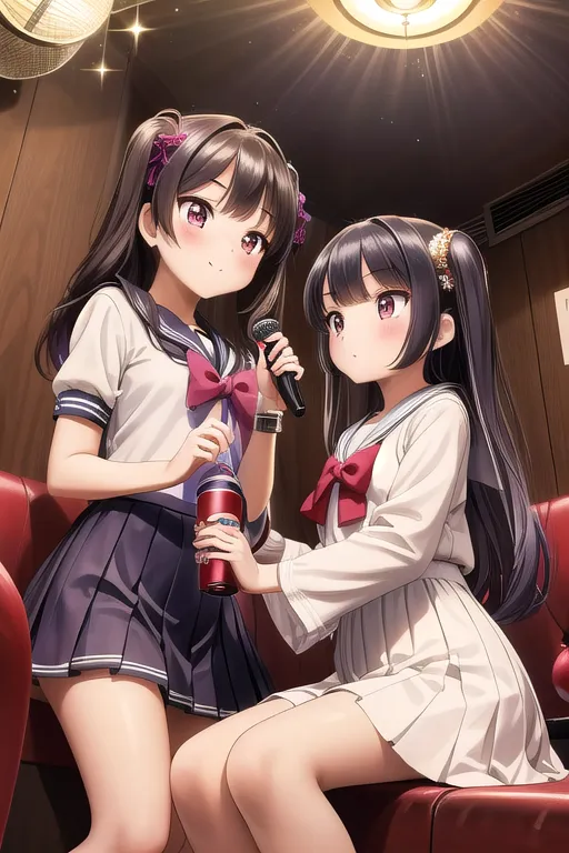 The image shows two cute anime girls in a karaoke booth. They are both wearing school uniforms. The girl on the left has brown hair and is holding a can of soda. The girl on the right has black hair and is holding a microphone. They are both looking at each other and smiling. The background is a blur of pink and purple lights.