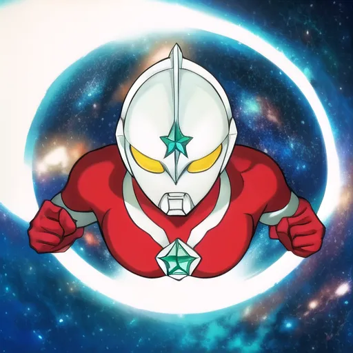 The image shows a superhero named Ultraman. He is flying in space. He has a red and white suit with a green star on his chest. He is also wearing a silver helmet with a green visor. He has his arms outstretched in front of him. There is a large white and blue planet in the background.