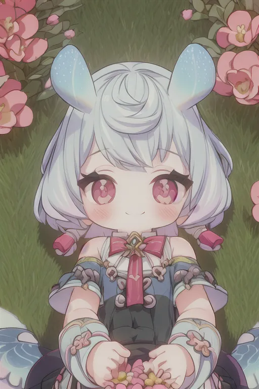 The image shows a small, cute girl with white hair and blue eyes. She is wearing a pink and white dress with a big pink bow on her chest. She has two small horns on her head and is sitting in a field of pink flowers. The girl is smiling and looks very happy.