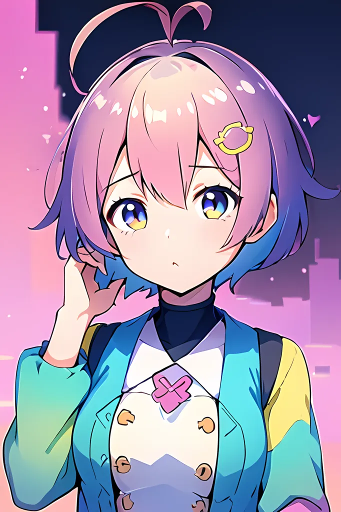 The image is an anime-style illustration of a young girl with pink and blue hair. She is wearing a blue and white jacket and a white shirt. She has a small pink ahoge on the top of her head. The background is a blur of purple and blue lights.