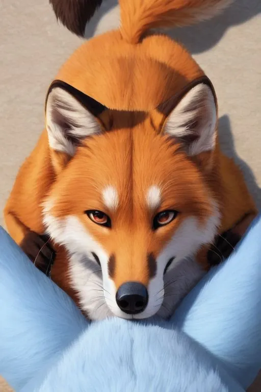 The image is a close-up of a red fox's face. The fox is looking at the viewer with its amber eyes. Its ears are perked up and its tail is curled around its body. The fox's fur is orange and white. The background is a blur of green and brown, which suggests that the fox is in a forest.