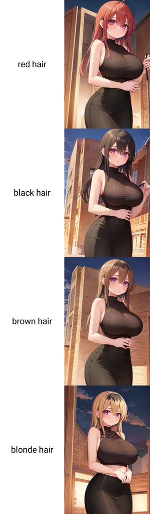 The image shows four anime girls with different hair colors. The first girl has red hair, the second girl has black hair, the third girl has brown hair, and the fourth girl has blonde hair. They are all wearing the same black dress.