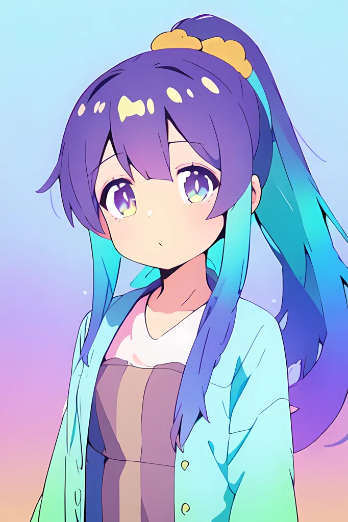 This is an image of an anime-style girl with purple and blue hair tied in a ponytail. She is wearing a white shirt and a blue jacket. She has big purple eyes and a small nose. She is looking at the viewer with a slightly puzzled expression. The background is a gradient of light blue and pink.