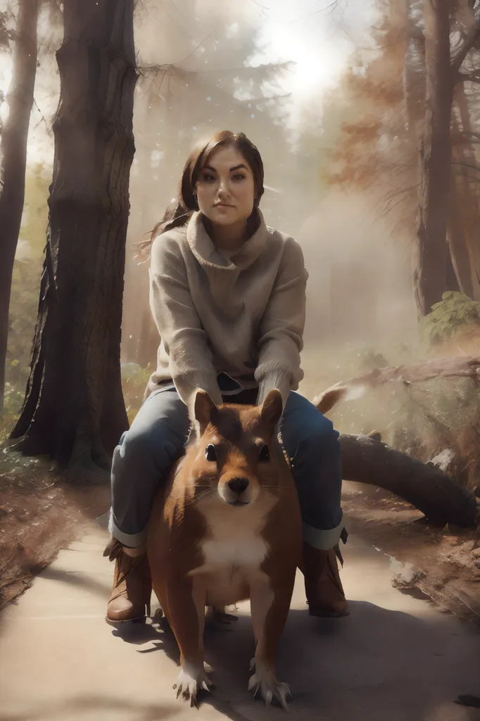 A young woman is riding a giant squirrel through a forest. The woman is wearing a casual outfit of jeans and a sweater, and she has her hair in a ponytail. The squirrel is brown and white, and it is running at a fast pace. The forest is full of tall trees and a variety of shrubs and plants. The sun is shining through the trees, creating a dappled pattern on the ground.