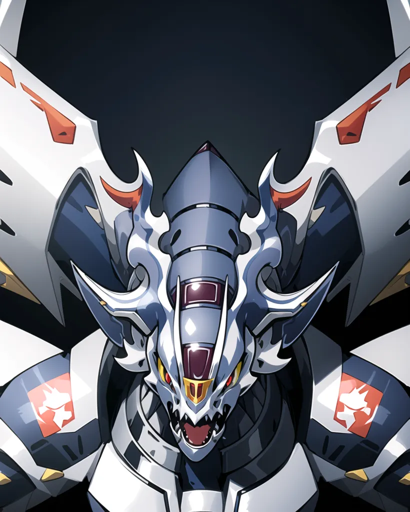 The image shows a robot with a dragon-like head. It has a silver and blue body with red and yellow details. The robot has a crest on its head that resembles the head of a rooster. It has sharp teeth and a pair of horns that curve upwards. The robot's eyes are red and it has a yellow visor over its eyes.