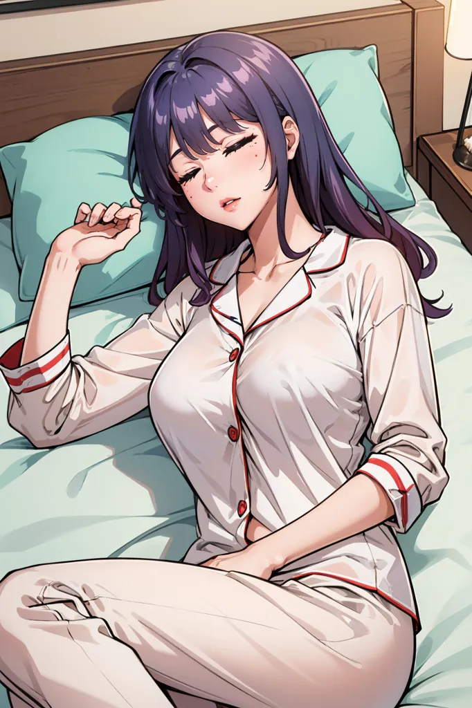 The image is of a young woman in her pajamas. She is sitting on a bed with her eyes closed. She has long purple hair and is wearing a white shirt with red piping and white pants. The image is drawn in a realistic style and the woman is depicted in a moe style.