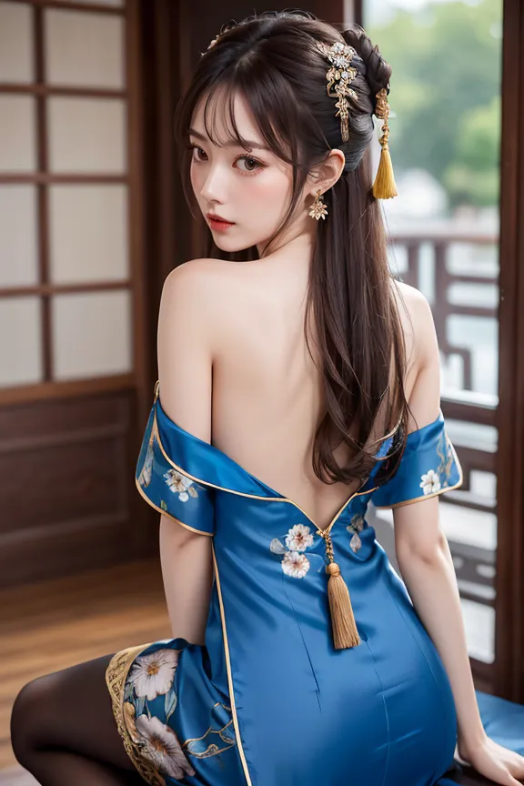 The image shows a young woman wearing a blue cheongsam. The cheongsam is a traditional Chinese dress that is typically worn by women. It is a one-piece dress that is fitted to the body and has a high collar. The cheongsam is often made of silk or other luxurious fabrics and is often decorated with intricate designs. The woman in the image is sitting on a chair and is looking at the camera. She has long, dark hair and is wearing light makeup.