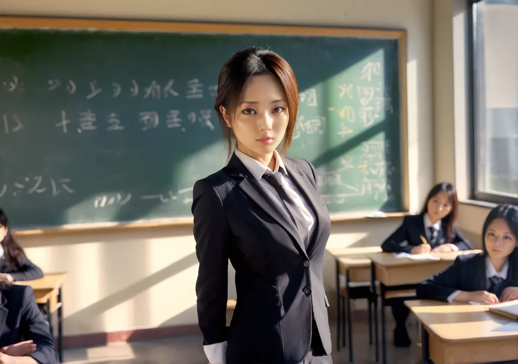 A young woman, dressed in a black suit and tie, is standing in front of a blackboard. She has long black hair and brown eyes, and she is looking at the camera with a serious expression. There are two female students sitting at desks in the background.