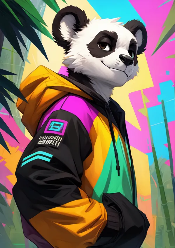 This is an image of a panda wearing a colorful jacket. The panda is standing in front of a background of bamboo plants. The panda has a smug expression on its face and is looking at the viewer. The image is drawn in a semi-realistic style and the colors are vibrant and bright.