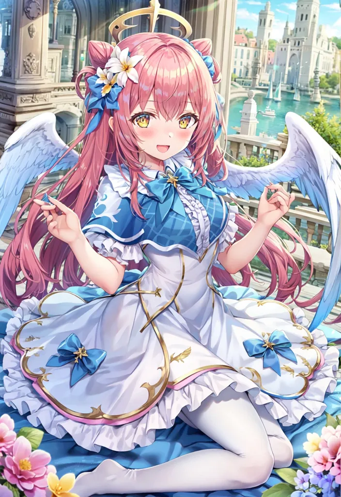 The image is of an anime-style girl with pink hair and yellow eyes. She is wearing a white and blue dress with a blue bow on the chest. She also has a pair of white wings and a halo above her head. She is sitting on a white and blue striped carpet with flowers of various colors around her. In the background is a cityscape with a river running through it and buildings on either side.