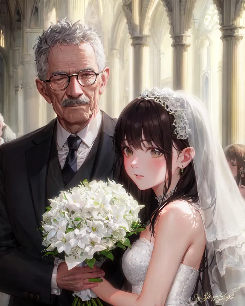 The image shows a wedding photo of a young woman and an elderly man. The woman is wearing a white wedding dress with a long veil. She has brown hair and brown eyes, and she is carrying a bouquet of white flowers. The man is wearing a black suit and tie. He has gray hair and a mustache, and he is wearing glasses. The background of the photo is a blurred church interior.