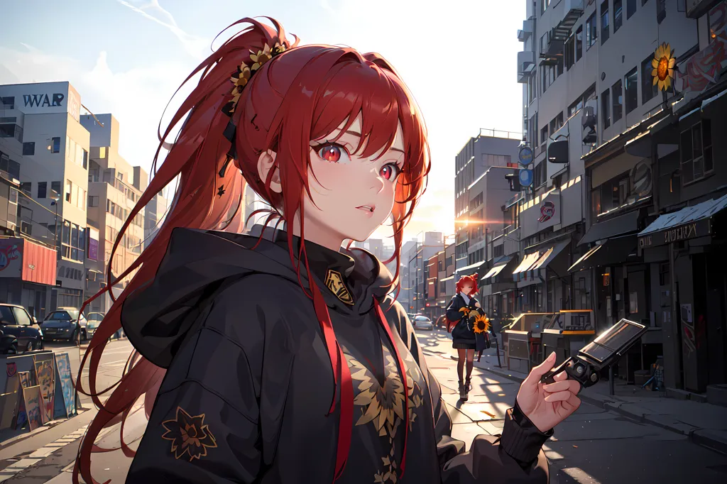 This image shows a young woman with long red hair and red eyes. She is wearing a black hoodie with yellow and red accents. She is standing in a city street with a building with the word "WAR" written on it in the background. There is a second woman in the background holding a sunflower.