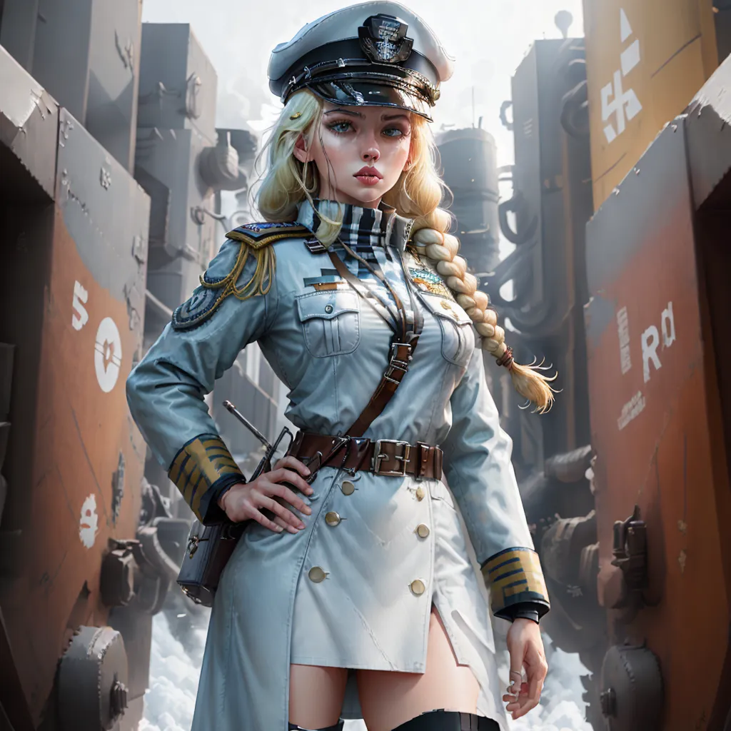 The image shows a young woman wearing a military uniform. She has blonde hair braided down her back and blue eyes. She is wearing a white hat with a black band around it and a white coat with gold buttons. The coat has a high collar and is belted at the waist. She is also wearing black boots. She is standing in front of a large metal structure. There are large pipes and other machinery in the background.