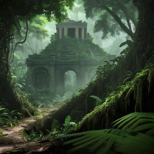 The image is a digital painting of a ruined temple in the jungle. The temple is made of gray stone and is covered in moss and vines. The jungle is dense and green, and the trees are tall and thick. The path to the temple is overgrown with vegetation, and the air is thick with humidity. The temple is in disrepair, and the once-grand structure is now a crumbling ruin. The scene is one of beauty and mystery, and it evokes a sense of wonder and awe.