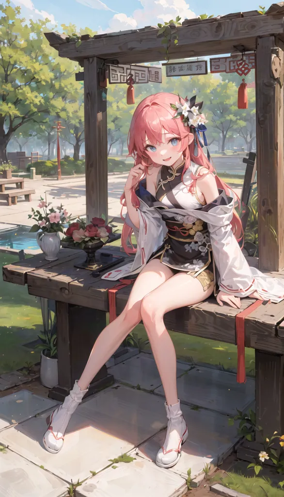 The image is a painting of a young woman sitting on a bench in a park. The woman is wearing a traditional Chinese dress and has long pink hair. She is smiling and looking at the viewer. There are flowers on the table next to her. The background is a park with trees and a pond. The painting is done in a realistic style and the colors are vibrant and bright.