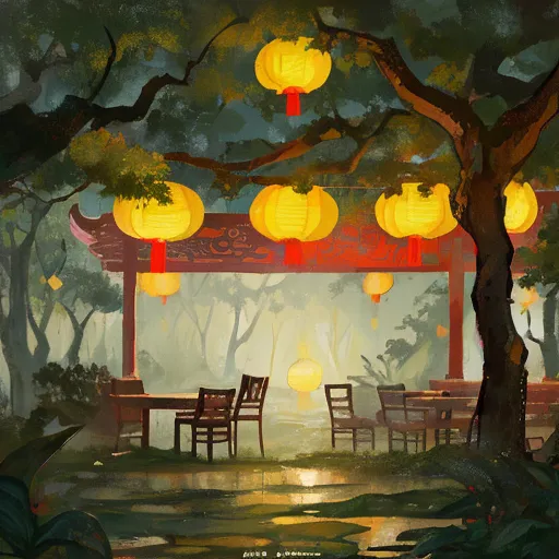 The image is set in a forest. There is a large tree in the foreground, and several other trees in the background. The trees are bare, and the leaves are scattered on the ground. There is a pavilion in the middle of the forest. The pavilion is made of wood, and it has a red roof. There are several tables and chairs in the pavilion. There are also several lanterns hanging from the trees. The lanterns are lit, and they cast a warm glow over the scene. The image is very peaceful and serene.