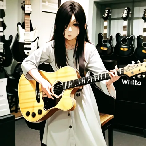 The image shows a young woman with long black hair playing an acoustic guitar. She is standing in a music store, surrounded by guitars. The woman is wearing a white dress and has a serious expression on her face. She is playing the guitar with her right hand and has her left hand on the fretboard. The guitar is a brown acoustic guitar with a natural wood finish. The woman is sitting on a stool and has her right foot on a small footstool. There are several guitars hanging on the walls behind her.