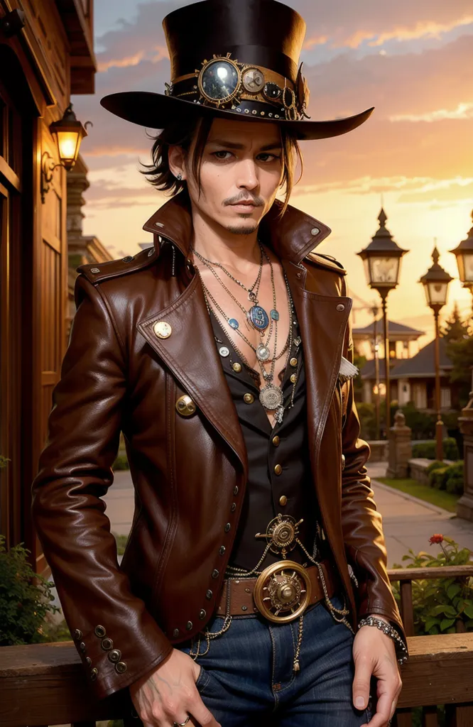 This is an image of a man wearing a steampunk style outfit. He is wearing a brown leather jacket with lots of buttons and a black shirt with a white collar. He has a brown leather belt with a large gold buckle and several chains hanging from it. He is wearing a tall black hat with a wide brim and a gold band around it. He has several necklaces on, one of which has a large blue gem in the center. He is also wearing earrings and bracelets. He has his hands in his pockets and is looking at the camera with a serious expression. He is standing in front of a wooden fence to his right and there are some buildings and trees in the background. The sky is orange and there are some clouds in the sky.