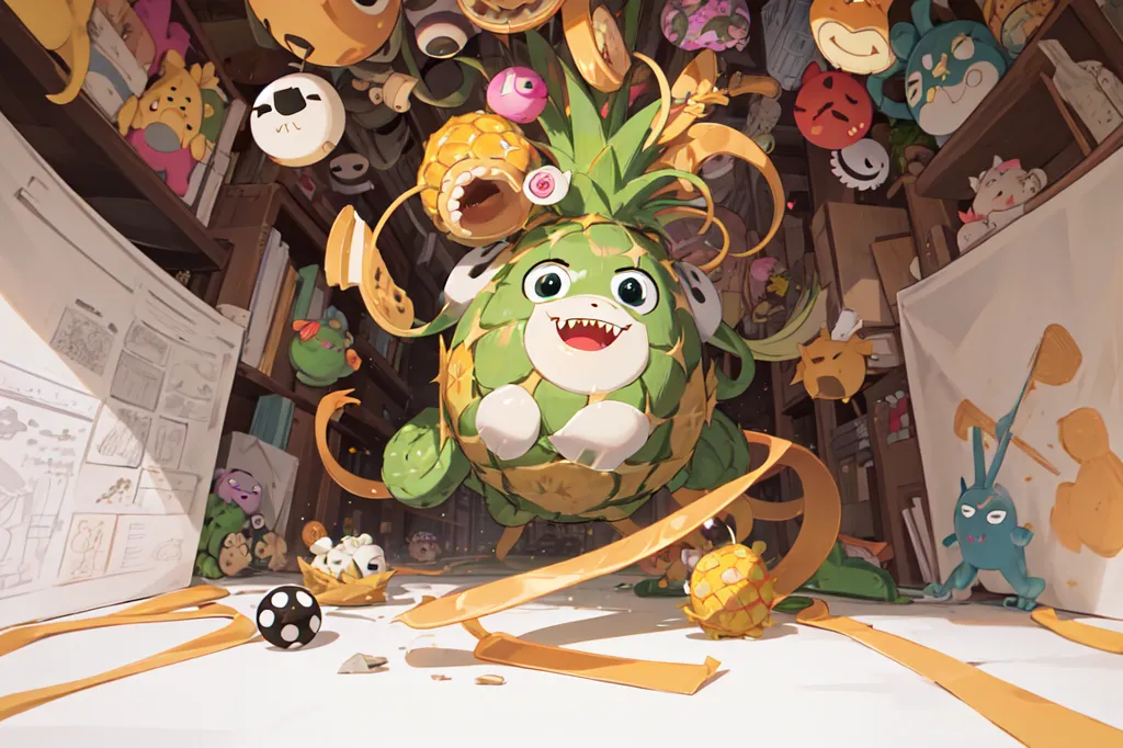 The image is a colorful and whimsical illustration of a pineapple-themed creature in a room. The pineapple creature is green and has a friendly expression on its face. It is wearing a brown hat and has a pineapple-shaped body. The room is filled with various objects, including books, papers, toys, and other pineapple-themed creatures. The overall atmosphere of the image is one of happiness and fun.