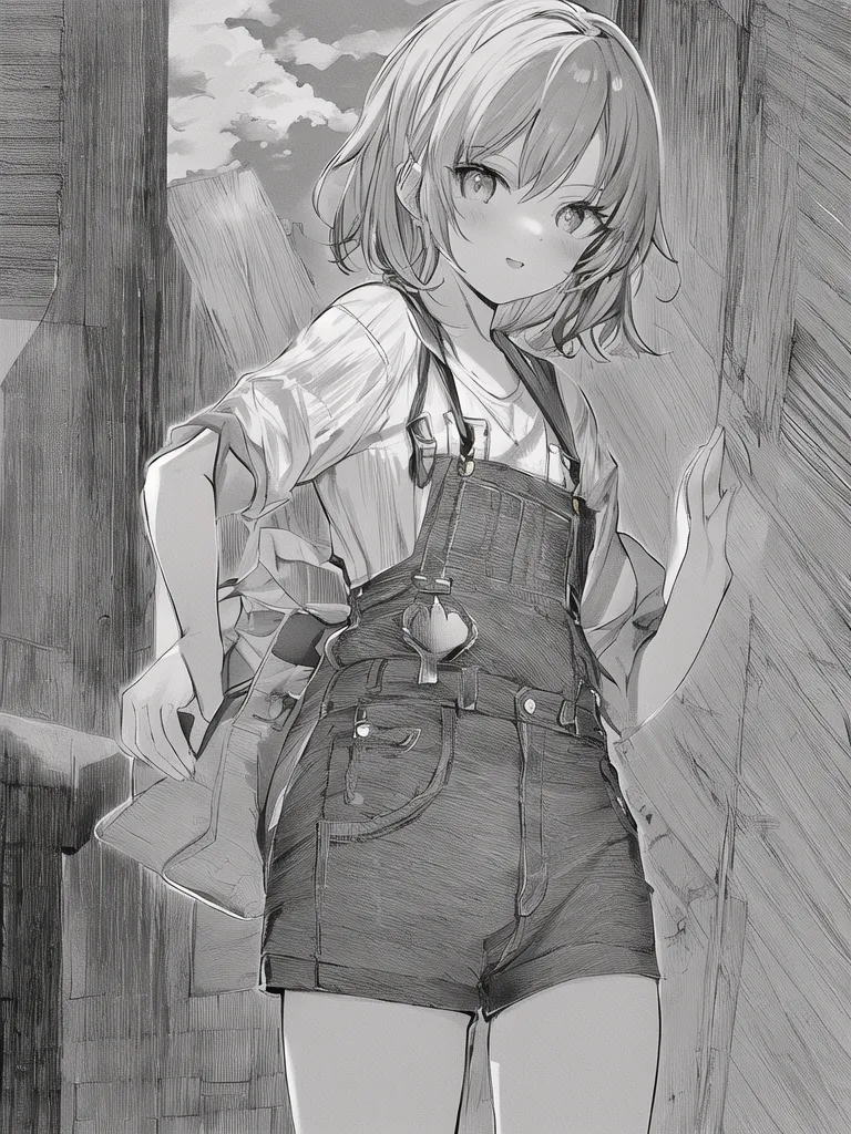 The image is a black and white sketch of a young girl standing in a doorway. She is wearing a white shirt, denim overalls, and a small backpack. She has short hair and her hands are in her pockets. The background is a blur of light and dark.