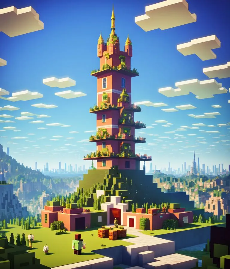 A imagem mostra uma torre alta construída em um mundo do Minecraft. A torre é feita de blocos vermelhos e brancos e tem muitas varandas e janelas. Ela está cercada por uma paisagem verde com árvores e colinas. Também há algumas nuvens no céu. Uma pessoa está em pé em frente à torre, olhando para cima.