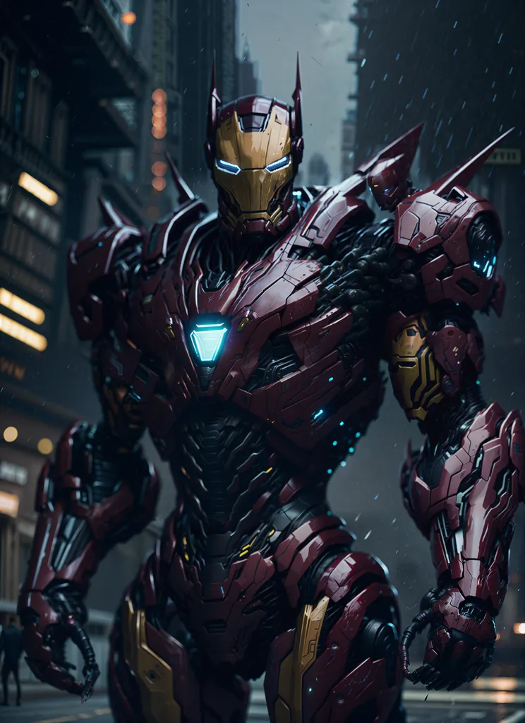 The image shows a robot that looks like Iron Man. It is red and gold with a blue light in the chest. It is standing in a city and it looks like it is raining. The robot is very detailed and looks like it is made of metal.