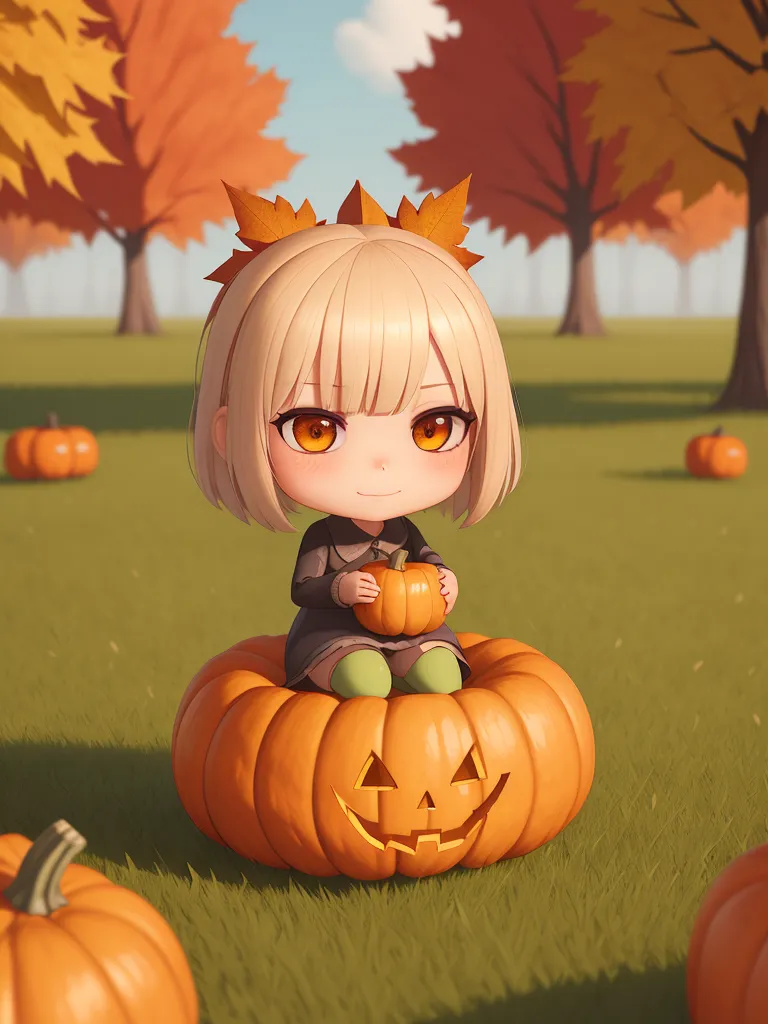 A chibi girl with short blonde hair and orange eyes is sitting on a pumpkin. The girl is wearing a black dress with a white collar and green leggings. She has a leaf in her hair. There are pumpkins all around her. The background is a field of grass with trees in the distance. The sky is blue with a few clouds.