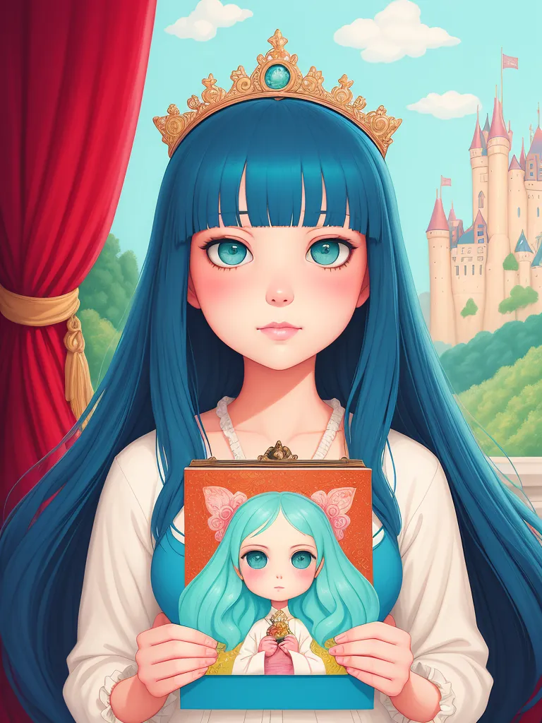 The image is of a young girl with long blue hair and blue eyes. She is wearing a white dress with a blue sash and a gold crown. She is standing in front of a red curtain and there is a castle in the background. The girl is holding a picture frame with a picture of a chibi version of herself.