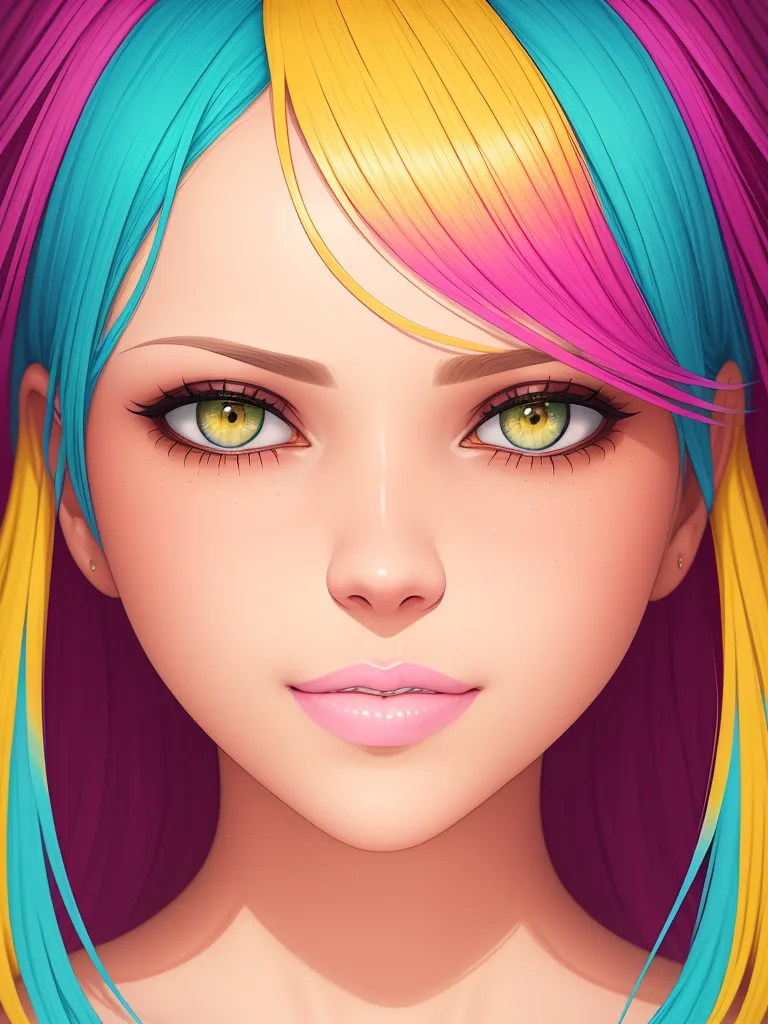 Gambar ini adalah potret seorang wanita muda dengan gaya anime. Dia memiliki rambut biru, kuning, dan merah muda. Matanya hijau dan dia memiliki bulu mata yang panjang. Dia memakai lipstik merah muda dan memiliki tanda kecantikan di pipi kanannya.