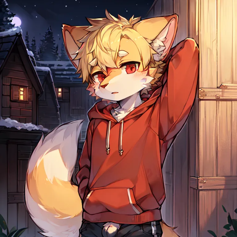 The image is of a young man with blond hair and red eyes. He has fox ears and a tail, and is wearing a red hoodie. He is standing in front of a wooden door, and there is a snowy forest in the background. The moon is full, and there are stars in the sky.