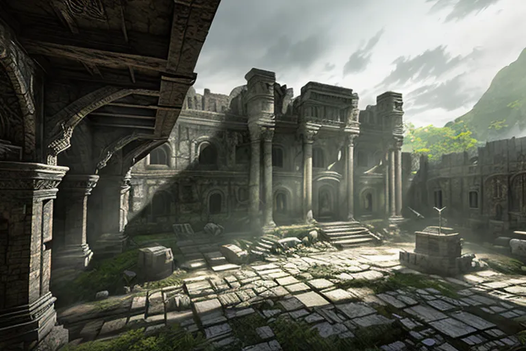 The image shows the ruins of an ancient temple. The temple is made of gray stone and has large columns and arches. There is a staircase leading up to the temple and a large door at the top of the stairs. The temple is in a state of disrepair and there are plants growing inside of it.