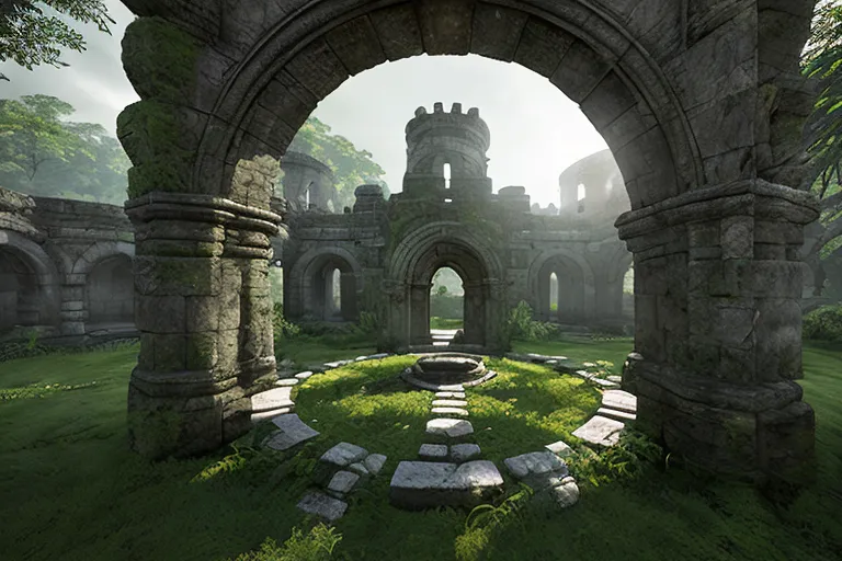 The image shows the ruins of a large stone building. The building is in a state of disrepair, with many of the walls and columns collapsed. The roof is also gone, leaving the interior of the building exposed to the elements. The building is surrounded by a forest, and the trees are visible through the openings in the walls. The image is taken from a low angle, which makes the building look even more imposing.