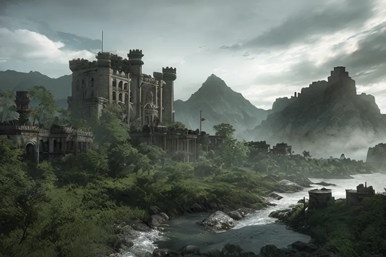 The image is a digital painting of a ruined castle. The castle is located on a hilltop overlooking a river. The river is in the foreground of the image, and the castle is in the background. The castle is made of gray stone and has a large tower. The castle is in ruins, and there are trees and plants growing around it. The sky is cloudy and there is a mountain in the background.