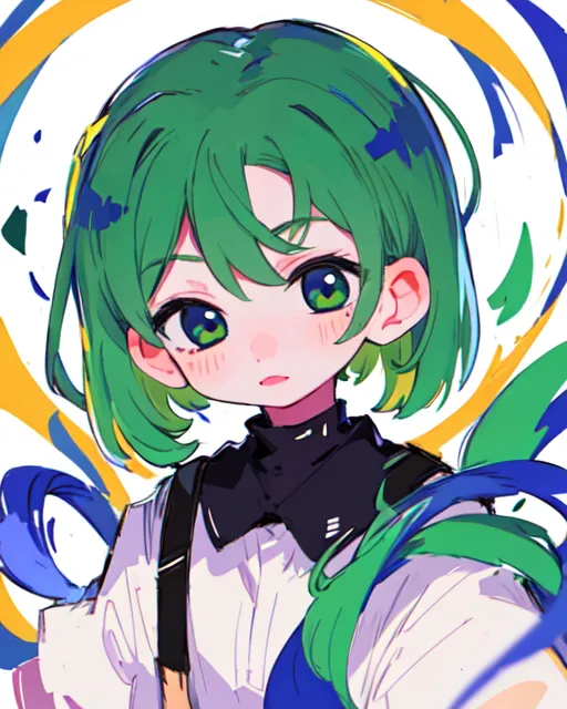 The image is of a young girl with green hair and eyes. She is wearing a white shirt and black jacket. The girl is looking at the viewer with a slightly puzzled expression on her face. She has a green and blue ribbon in her hair and there are blue and yellow streaks in the background.