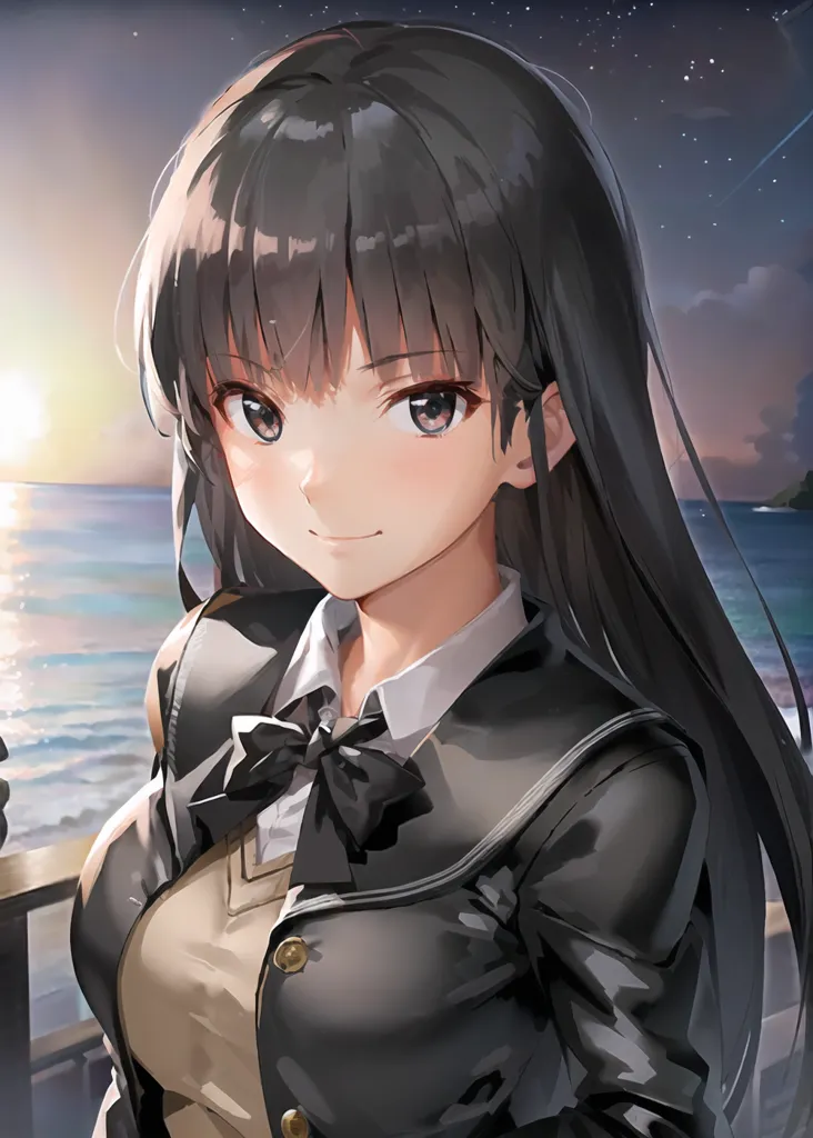 The image shows a young woman with long black hair and brown eyes. She is wearing a white shirt, a black jacket, and a brown bow tie. She is standing on a beach, looking out at the ocean. The sun is setting behind her. The sky is orange and the water is calm. There are a few clouds in the sky. The woman is smiling. She is happy and content.