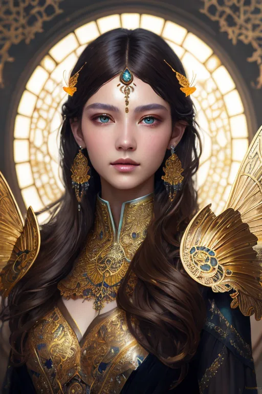 Gambar ini menunjukkan seorang wanita cantik dengan rambut coklat panjang dan mata biru. Dia mengenakan mahkota emas dan baju zirah emas. Dia memiliki ekspresi tenang di wajahnya. Latar belakangnya adalah jam emas dengan detail yang rumit.