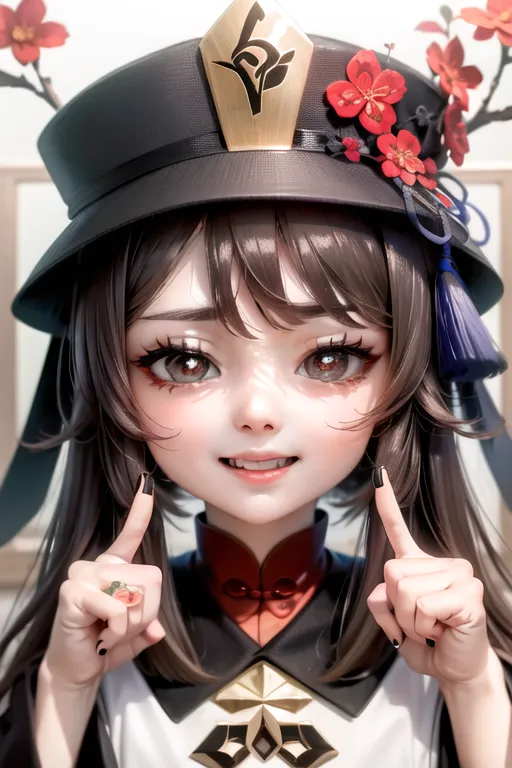 The image is a digital painting of a young woman with brown hair and red eyes. She is wearing a black hat with a red flower and a white dress with a red collar. She has a playful expression on her face and is smiling at the viewer. The background is a light pink color.