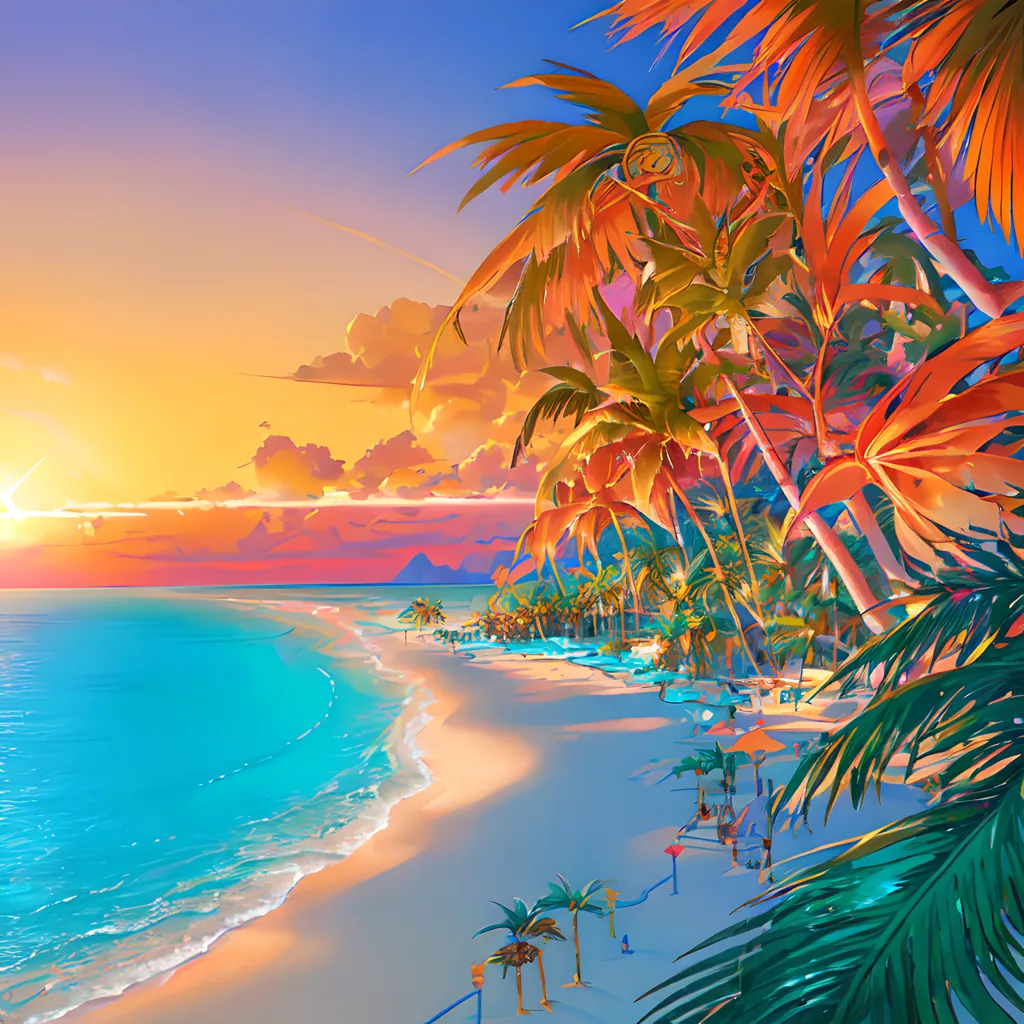 This is a beach scene. The sun is setting over the ocean, casting a pink and purple glow over the sand and water. The palm trees are silhouetted against the sky, their leaves rustling in the breeze. There are a few beach chairs and umbrellas set up on the sand, and a couple of people are swimming in the ocean. The overall effect is one of peace and tranquility.