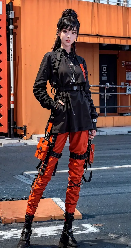 A young woman is posing in front of a building. She is wearing a black and orange outfit. The outfit consists of a black jacket, orange pants, and black boots. The jacket has several buckles and straps. The pants have several pockets and straps. The boots are high-top and have laces. The woman is also wearing a necklace and several bracelets. She has her hair in a ponytail and her makeup is dark.