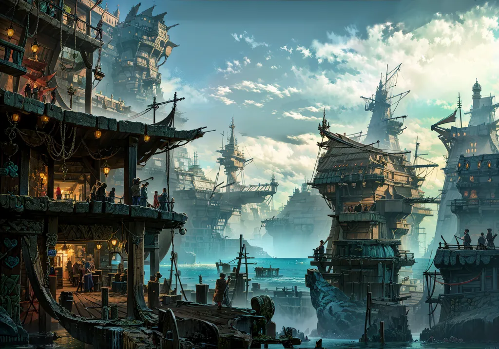 L'image représente une ville fantaisiste de style steampunk construite sur et autour de navires géants. Les navires sont en bois et ont de grandes voiles. La ville est construite sur une série de plates-formes reliées par des ponts et des passerelles. Des gens se promènent sur les plates-formes et les navires. La ville est entourée d'un grand plan d'eau.