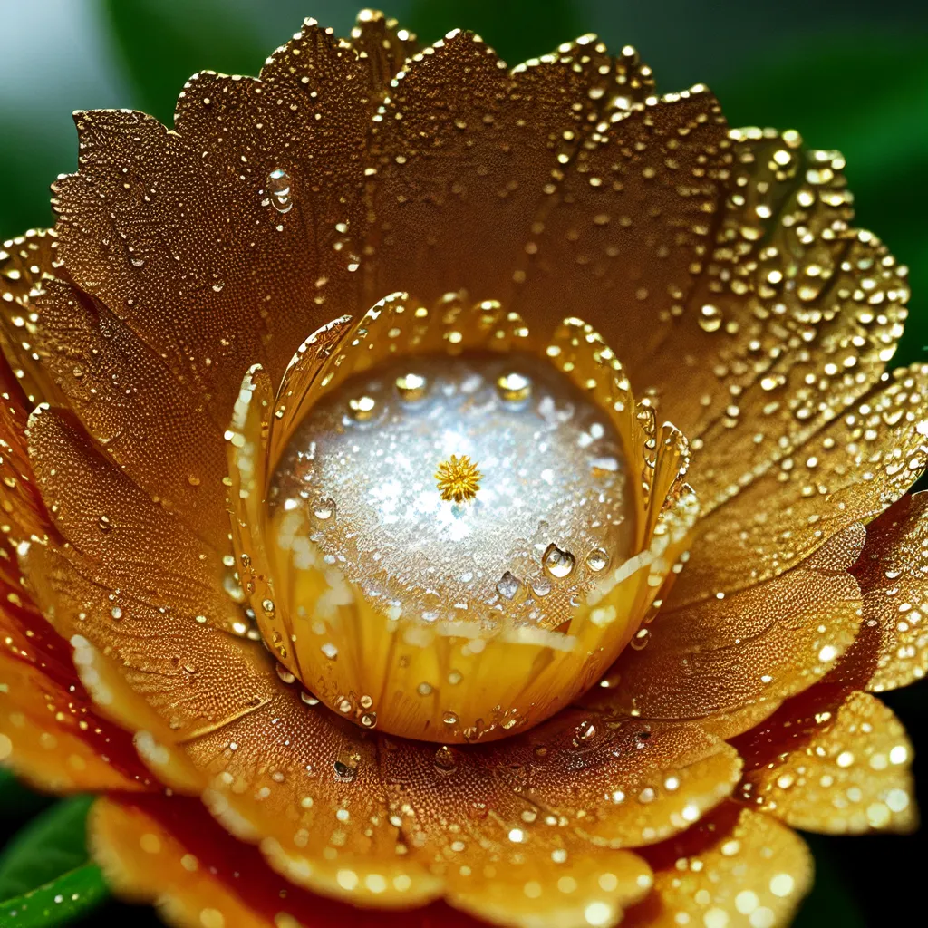 L'image est un gros plan d'une fleur dorée. Les pétales sont mouillés et brillants sous la lumière du soleil. Il y a une petite fleur blanche au centre de la fleur. Les bords des pétales sont bordés de minuscules perles d'eau dorées. La fleur est posée sur un fond de feuilles vert foncé.